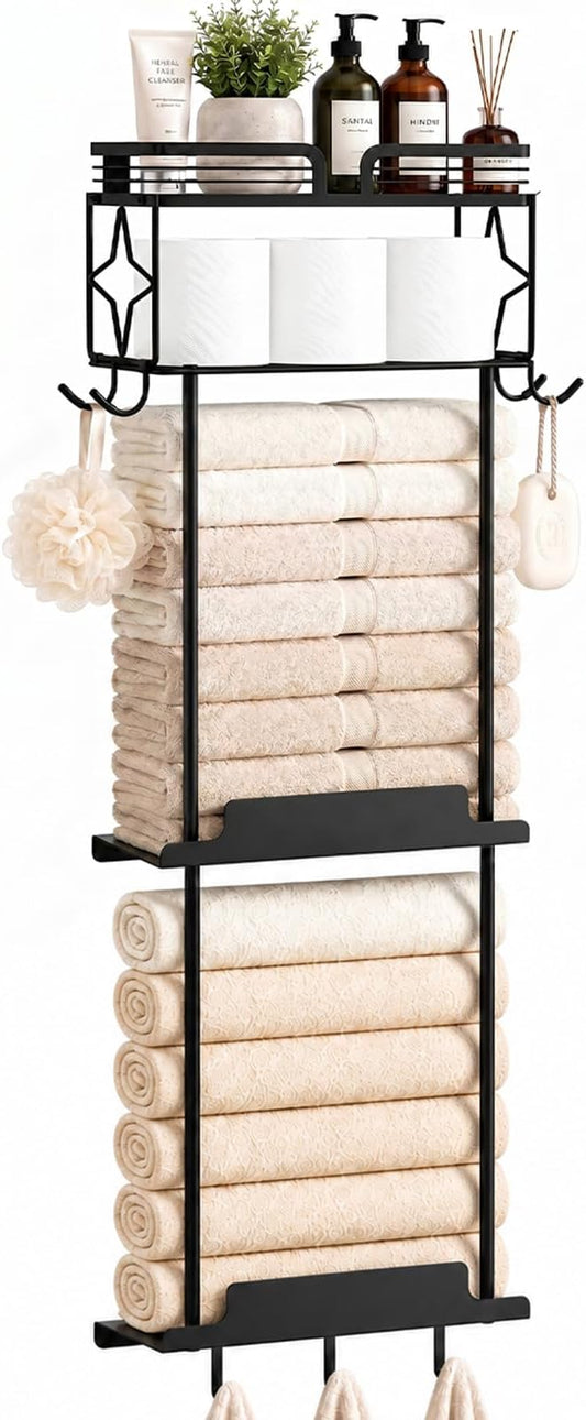 Towel Racks for Bathroom 39.9 Inch Wall Mounted Towel Rack with Shelf, Bathroom Towel Storage Holds 6 Large Rolled Towels, Metal Wall Towel Rack, Black