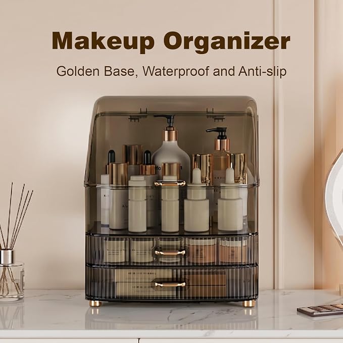 Makeup Organizer Countertop Vanity with Transparent Lid Drawers Waterproof Dustproof Cosmetic Skincare Bathroom Storage Gift for Women Teens Girls (Clear Black)