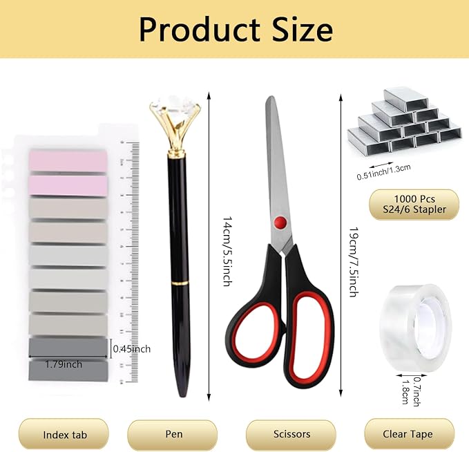 Office Supplies,Black Desk Accessories,Office Supplies Set,Desk Organizer,Stapler,Tape Dispenser,Scissors,Staple Remover,Binder Clips,Staples,Ballpoint Pen,Index Tabs with Ruler,Clear Tape.10pcs