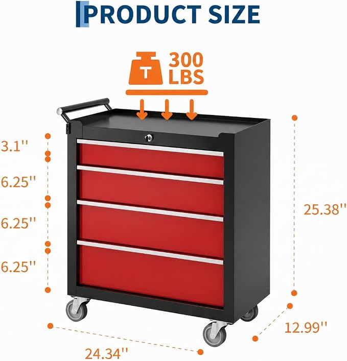 Garvee Rolling Tool Chest, 4 Drawers Tool Storage Cabinet, Toolbox with Wheels, Portable Tool Cabinet Organizer with Locking System & Drawer Liners, Tool Storage Cart for Garage, Workshop, Black＆Red