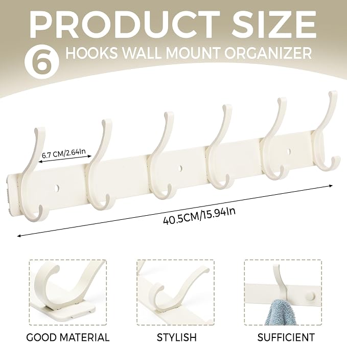 Dntorx Coat Rack Wall Mount, 2 Pack White Coat Hooks Hanger Wall with 6 Double Hooks Rack Rail Towel Hat Rack Entryway Bathroom Hanger Organizer for Robes, Clothes, Bags, Hat