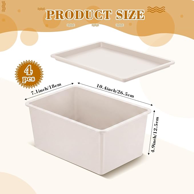 4 Pcs Storage Bins with Lids Plastic Stackable Containers for Classroom Room Organizing Shelves Christmas Ornament Box Baskets(Beige,Small)