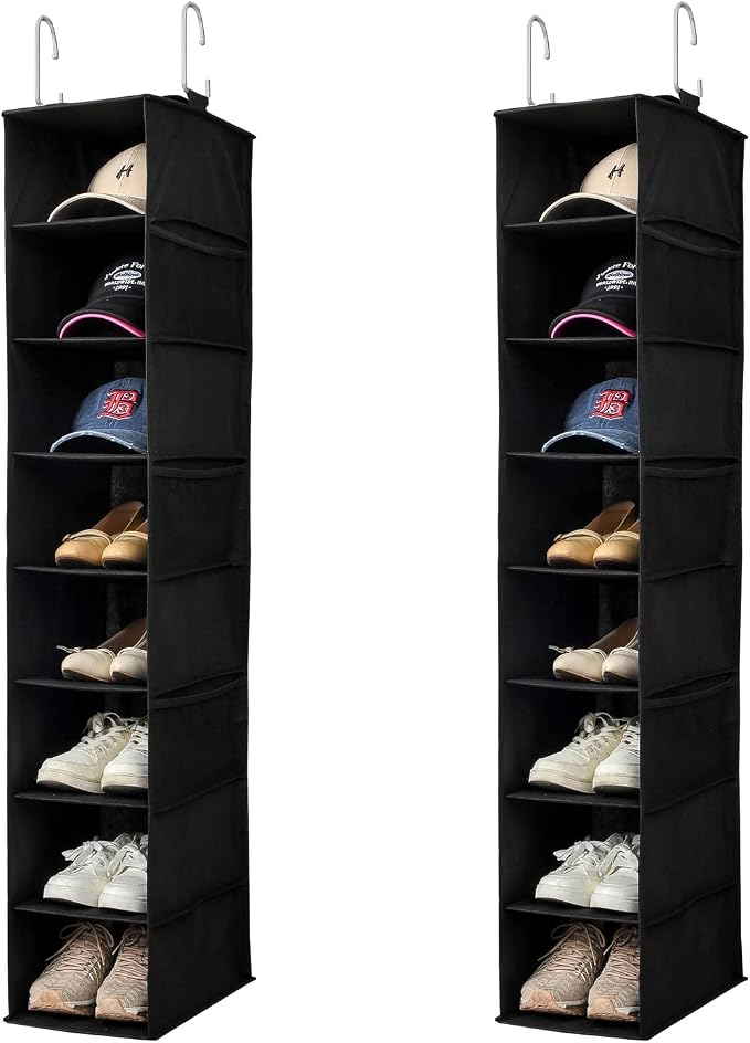 Berdeng Hanging Shoe Organizer for Closet with Side Mesh Pockets，Hat Racks for Baseball Caps，Shoe and Hat Holder & Storage，8-Shelf，Black，2 Pack