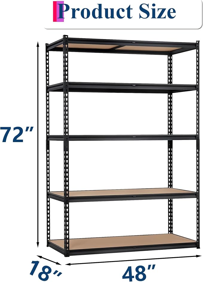 Heavy Duty Garage Storage Shelves 5-Tier Metal Adjustable Shelving Unit Storage Shelving for Kitchen Pantry Basement Bathroom Laundry, 2500 LBS Capacity, 48" l x 18" w x 72" h