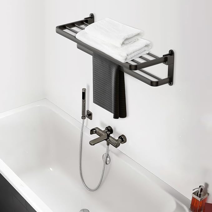 BOZWELL Bathroom Lavatory Towel Rack with Two Towel Bars,24-Inch Towel Shelf with Towel Bar,Towel Holder 1011-GR-60 (Modern Gray Finish)