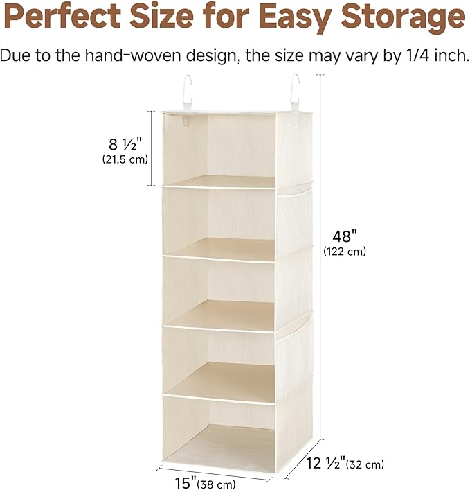 StorageWorks Hanging Closet Organizer, 5-Shelf Hanging Shelves with 2 Hooks, Foldable Space-Saving Design, Closet Organizers and Storage for Bedroom, Dorm, Locker, White & Ivory