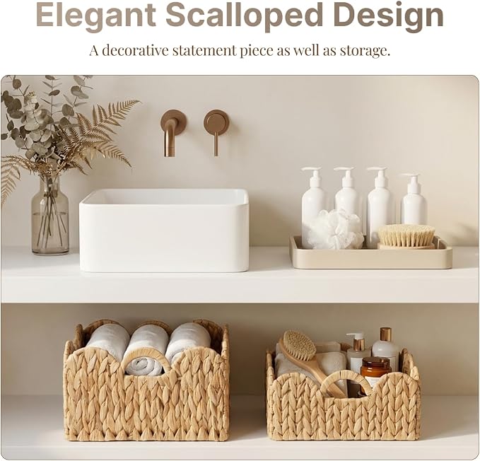 Scalloped Edge Wicker Basket, Hand-woven Rattan Storage Baskets with Built-in Handles, Water Hyacinth Basket for Organizing and Decor, 2 Pack (15" L x 11" W x 7" H)