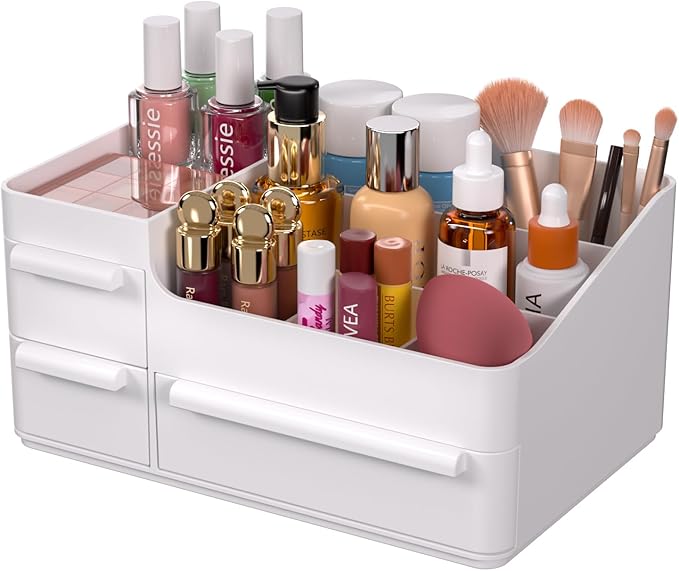 Makeup Organizer Countertop for Vanity: Dresser Bathroom Cosmetic Storage | Minimalistic Small White Aesthetic Desk Storage with Drawers for Counter