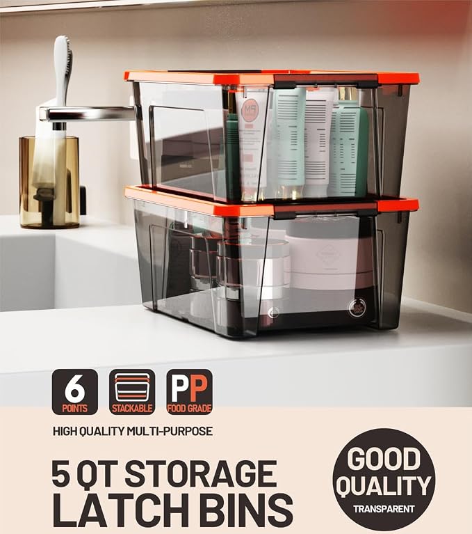 WYT 5-Quart Small Storage Container Bin with Orange Secure Lid and Black Clear Latch Buckles, Durable Plastic Stackable Nestable Organizin, 6-Pack