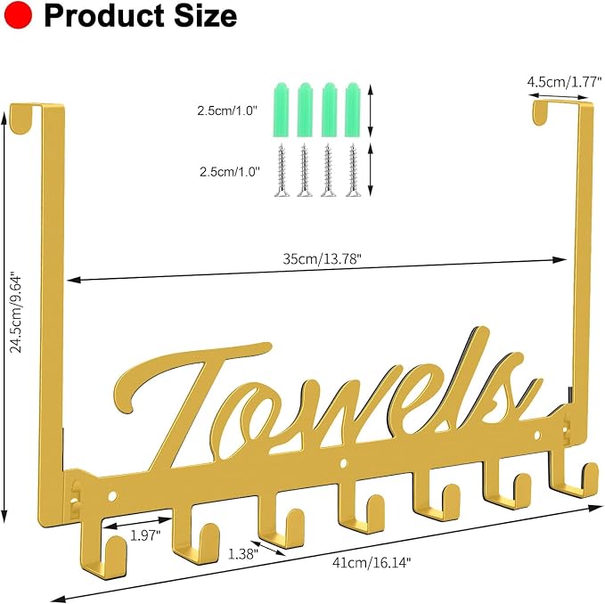 Azmoncy Over The Door Hooks, Heavy Duty Wall Mount Towel Hanger with 7 Hooks for Bedroom Bathroom Pool Kitchen Towels, Bag, Coats (Gold)