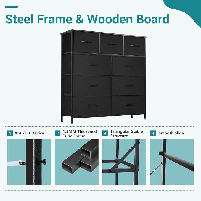 OLIXIS 9 Drawer Fabric Storage Dresser Chest Organizer Unit, Black | Sturdy and lightweight fabric drawers with easy-pull handles. Space-saving versatile organizer for clothes, bedroom