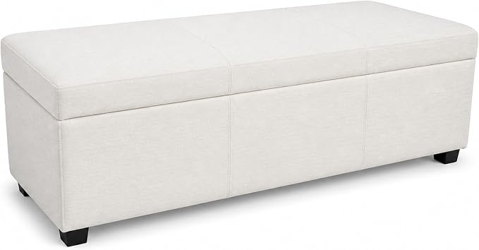 SIMPLIHOME Avalon 54" Wide Vegan Leather Storage Ottoman in Stone Grey | Transitional lift-top ottoman with high-density foam; rectangle storage bench or coffee table for living room or entryway.