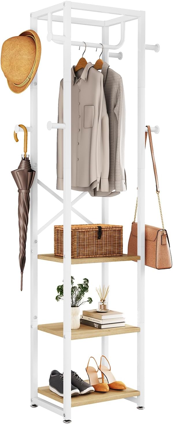 IBUYKE Freestanding Coat Rack,with 3 Shelves and 8 Hooks,Natural UTMJ088R | Metal Frame,Industrial Hall Tree,Clothes Stand for Entryway, Hallway, Bedroom,Office, Living Room