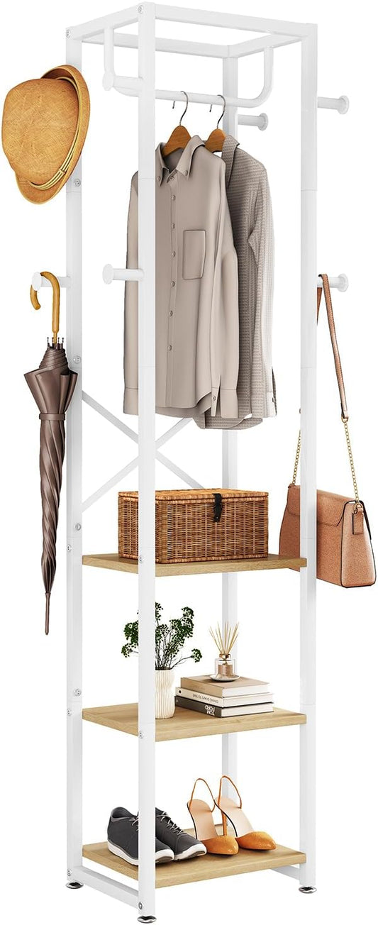 IBUYKE Freestanding Coat Rack,with 3 Shelves and 8 Hooks,Natural UTMJ088R | Metal Frame,Industrial Hall Tree,Clothes Stand for Entryway, Hallway, Bedroom,Office, Living Room