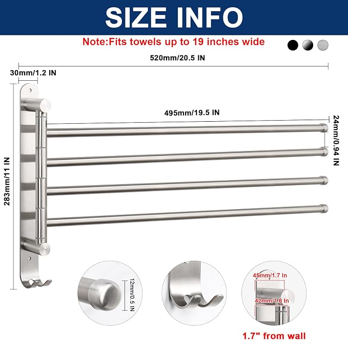 NearMoon Swivel Towel Rack, 19.5" Thicken 304 Stainless Steel 4-Arm Towel Bar, Space Saving Wall Mounted Towel Holder with Hook, Rustproof Swing Out Towel Hanger for Bathroom, Kitchen (Brushed Nickel)
