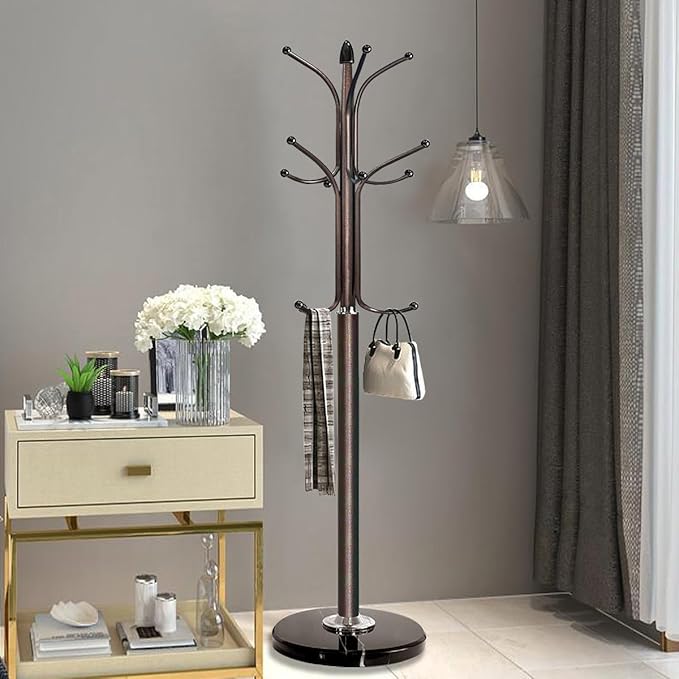 Kertnic Freestanding Coat Rack Stand, Heavy Duty Metal Hall Tree with 12 Hooks, 70 Inch Tall Stable Coat Hanger with 14.6" Natural Marble Base, Entryway Organizer for Coats Bags Hats Purses (Bronze)