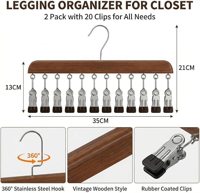 Closet Organizer with 10 Clips, 2PCS Space Saving Hanging Closet Organizer, Space-Saving Hat Scarf Clothespins for Jeans Skirts Socks Leggings Wooden Pant Hangers with Clips(Vintage+Wood)