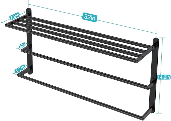 Matte Black 32 InchTowel Racks for Bathroom, VOTZAAQ Black Towel Shelf with Double Towel Bar, 3 Tier Stainless Steel Towel Storage, Bath Towel Holder Wall Mounted