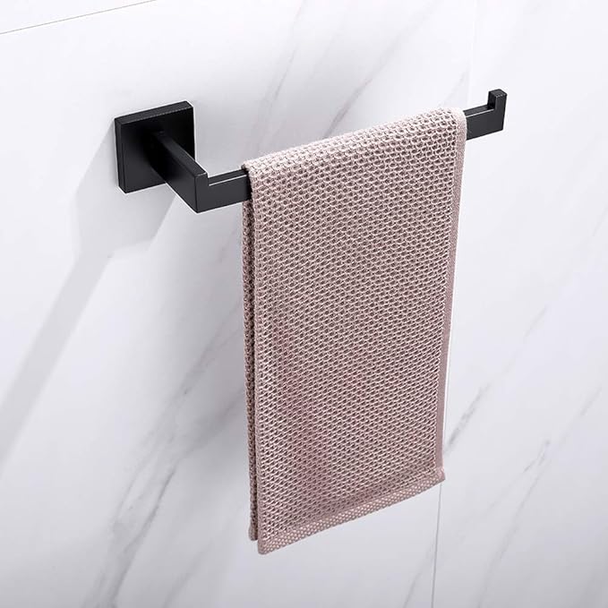 TASTOS Hand Towel Holder Wall Mounted, Square Towel Ring, Matte Black | Stainless Steel Hand Towel Bar for Bathroom and Kitchen, Heavy Duty, Modern design hand Towel Rack, Screw-In, Square Base