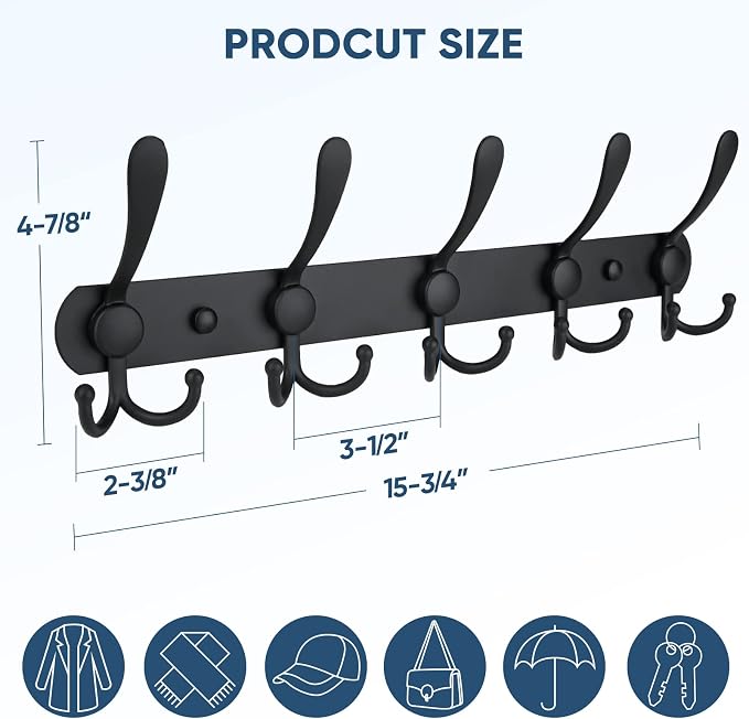 TICONN Wall Mounted Coat Rack, Five Heavy Duty Tri Hooks All Metal Construction for Jacket Coat Hat in Mudroom Entryway (Matte Black, 1-Pack)