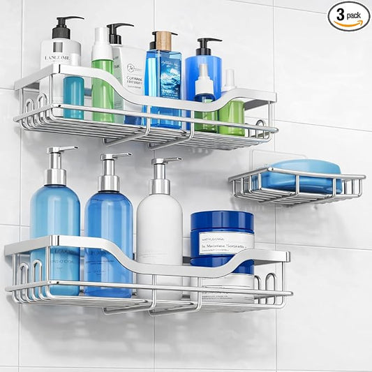 OMAIRA 3-Pack Shower Caddy with Soap Holder, Adhesive Rustproof No-drill Strudy Loading Inside Shower Organizer Shelves Rack Storage Bathroom Organization for Smooth Wall Glass Tile, Black (XX-Large)