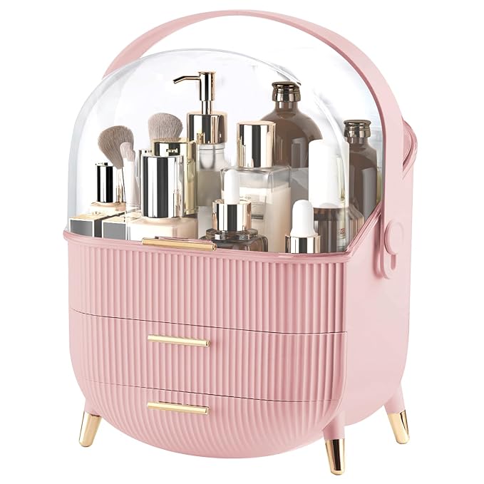 YGJT Make up Organizers and Storage, Makeup Organizer for Vanity, Cosmetics Skincare Organizers with Lid and Drawers, Cosmetic Display Cases for Countertop, Bathroom, Ideal Gifts for Women(Pink)