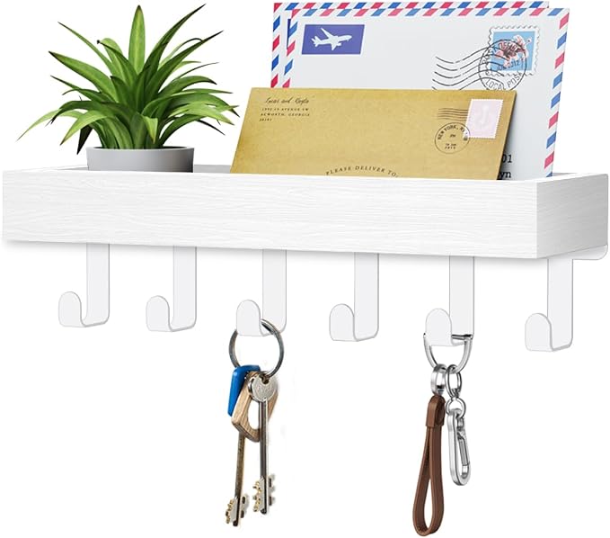Key Holder Wall Mount Magnetic Adhesive, Key Hooks Rack with Shelf | Key Hanger with Mail Organizer for RV Camper Fridge Living Room Decor, Home Essentials, White