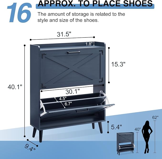 Barnyatoh Farmhouse Shoe Storage Cabinet with 2 Flip Drawers & Barn Door | Freestanding Hidden Slim Narrow Shoe Rack, Adjustable Shelves,Wood Shoes Organizer for Entryway, Foyer, Hallway,Navy Blue