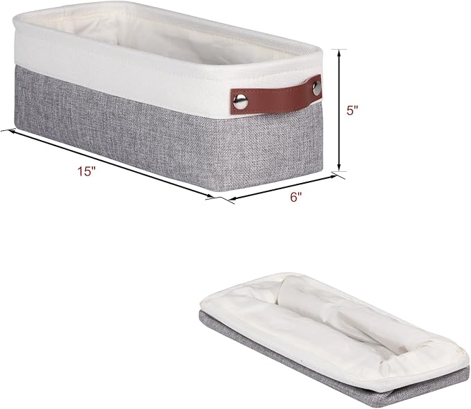 Univivi Small Narrow Fabric Storage Bins,Gray,15x6x5 inch,4 Pack | Hard Cardboard Bottom,Metal Frame,Foldable,PU Handles,Storage Baskets Organizing Small Items