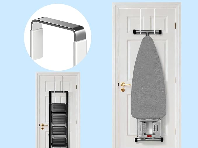 Single Long Over Door Steel Hooks 4 Pack Fit 1-3/8" Door 12" White | Plastic Coated Rubber Feel Towel Rack Robe Coat Shoe Wreath Hanger No Damage No Scratch for Bathroom Heavy Duty Thin Top