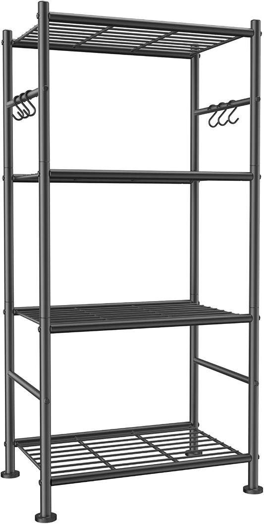 Sakugi Storage Shelves - 4-Tier Large Capacity Shelf Organizer with Hooks, Heavy-Duty Garage Shelving with Leveling Feet, Wobble-Free Rack for Bedroom, Balcony, Garage, 18.1"×12.4"×43.7", Black