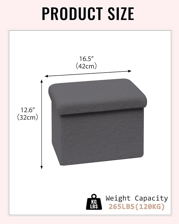 Small Ottoman with Storage, Sherpa Storage Ottoman Cube, Boucle Folding Foot Rest for Dorm, Living Room, Bedroom, Grey, 16.5"x12.6"x12.6"