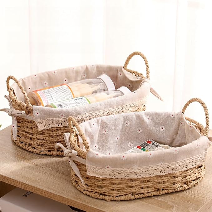 GIB Small Wicker Storage Baskets for Organizing, Decorative Woven Baskets with Handles & Liners, Boho Paper Rope Cute Baskets for Gifts, Decor, Pantry Table, Serving Trays, Set of 2