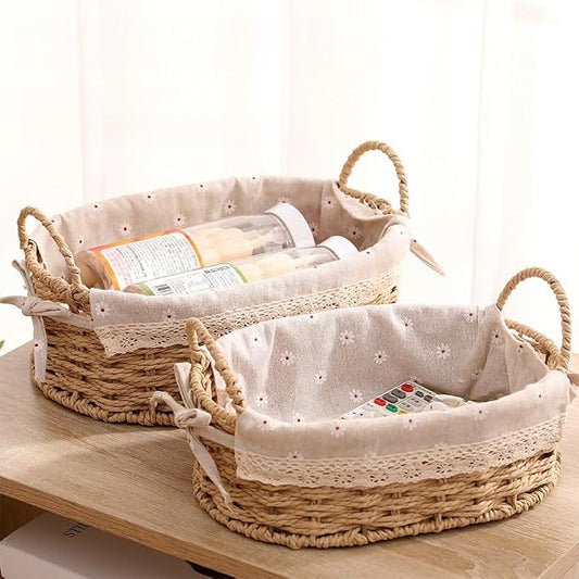 GIB Small Wicker Storage Baskets for Organizing, Decorative Woven Baskets with Handles & Liners, Boho Paper Rope Cute Baskets for Gifts, Decor, Pantry Table, Serving Trays, Set of 2