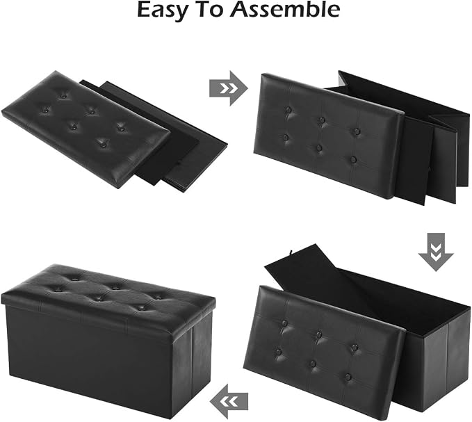 Youdesure 30" Ottoman with Storage, Folding Faux Leather Bench, Black | Foldable ottoman with hidden storage, padded seat and sturdy MDF frame for everyday use.