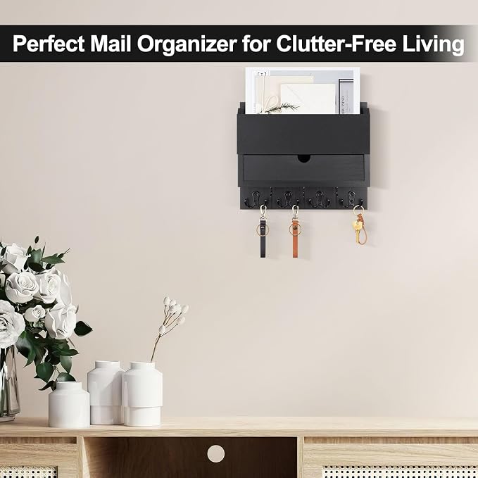 Mail and Key Holder Wall Mount with Storage Drawer & Chalkboard Panel | Modern Wooden Mail Organizer for Wall Entryway, 7 key hooks, Stylish Home Decor for Apartments, Living Room, Office