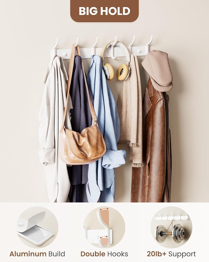 Wall Mounted Coat Rack (White, 1 Pack) - Aluminum 6-Hook Rack with Curved Hooks, Drill Installation, Holds Coats, Towels, and Bags, Ideal for Entryway or Office