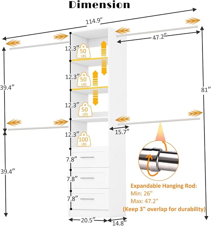 Closet System with Drawers, 5FT-9FT Custom Closet Organizer System 114.9" Walk in Wood Closet Storage System with 4 Expandable Hanging Rods Wall Mount White