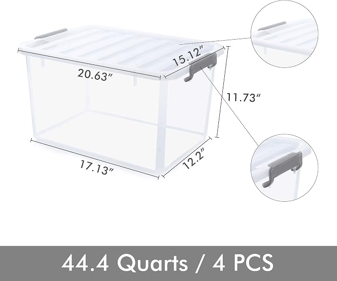 Citylife 44.4 QT Plastic Storage Bins with Latching Lids Stackable Storage Containers for Organizing Large Clear Storage Box for Garage, Closet, Kitchen, 4 Packs