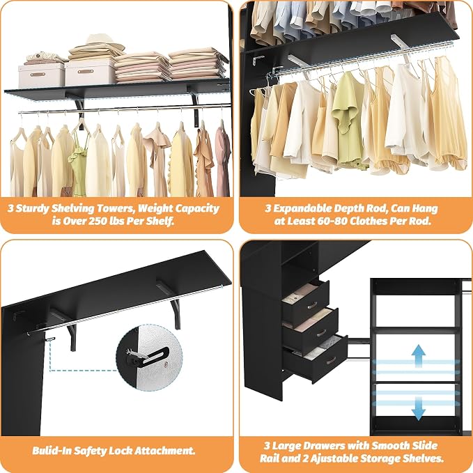 120 Inches Closet System, 10FT Walk In Closet Organizer with 3 Shelving Towers, Heavy Duty Clothes Rack with 3 Drawers, Built-In Garment Rack, 120" L x 16" W x 75" H, Max Load 1300 LBS, Black