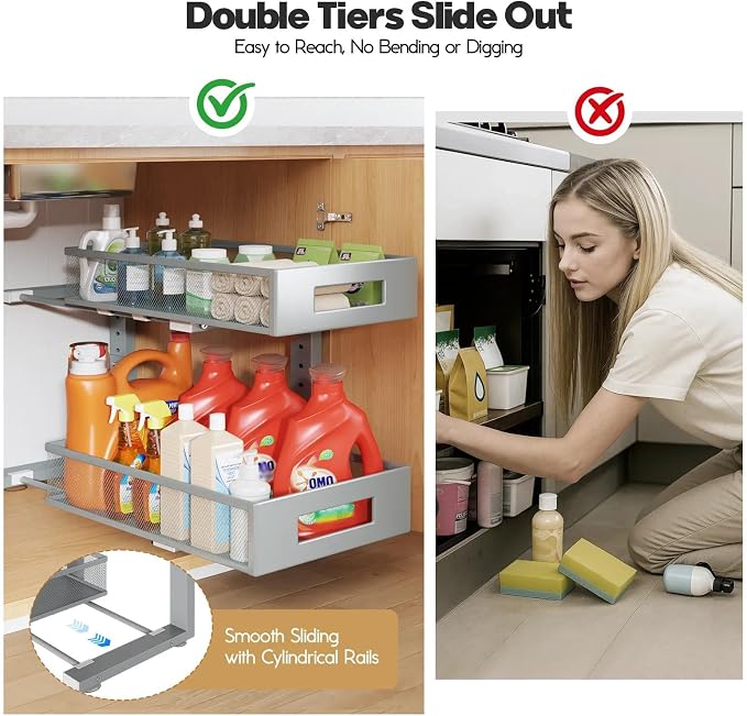 2 Packs 17IN Depth Under Sink Organizer, 2-Tier Pull Out Cabinet Organizer With Smooth Circular Rail, Large Capacity Metal Mesh Sliding Drawers For Bathroom& Kitchen Storage,Height Adjustable–Gun Gray