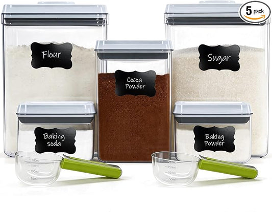 Pop Push Button Airtight Food Storage Containers Baking Set 5 Pcs | BPA-Free Stackable Canisters with Scoops – 3 Sizes for Flour, Sugar, Baking Soda, Cocoa Powder, Pantry & Baking Essentials