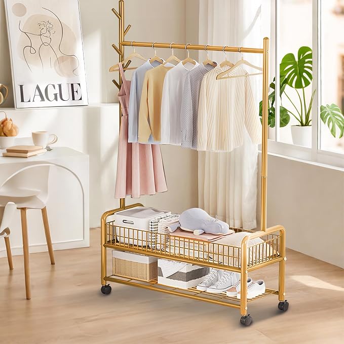 MYUPDALIN Clothes Rack with Shelves, Clothing Rack with Wheels, Multifunctional Hangers with Storage Baskets and Shoe Racks, Ideal for Bedrooms and Living Rooms (Gold, Bold 90cm/35in)