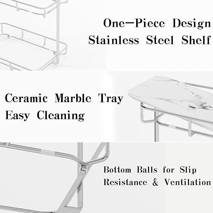 Bathroom Organizer Countertop Perfume Organizer Makeup Organizer Cosmetics Storage Display Rack Vanity Tray Dresser Stainless Steel Gold Shelf White Marble Ceramic Tray