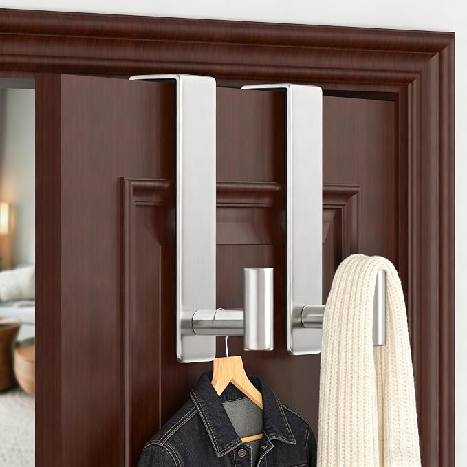 WUIVIUT Heavy Duty Over Door Hooks - Fits 1.77" Wide Hanger, Towel Door Hook for Clothes, Robe, Coats, Bags (Silvery, T Shape 2 Pack, Fits 1-3/4'' Thick)