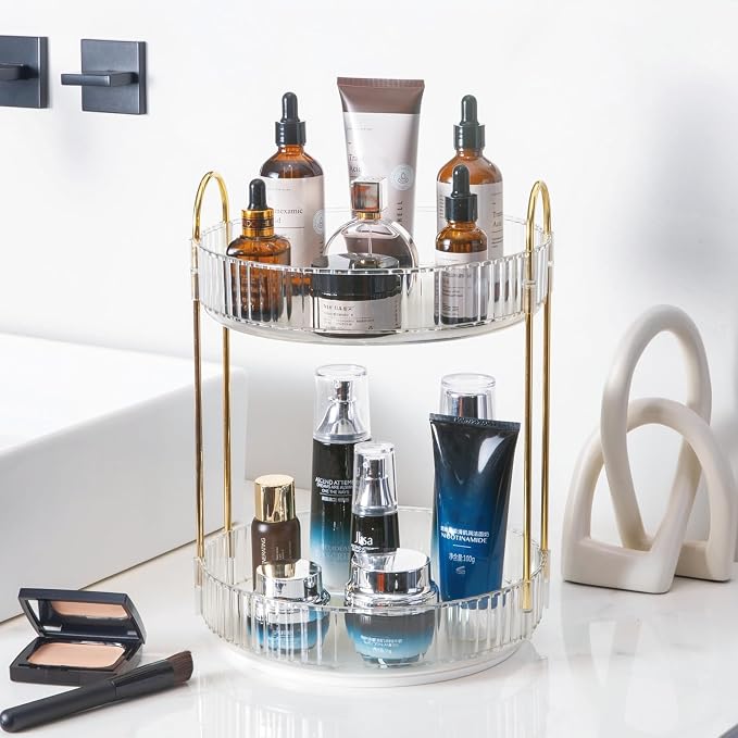 Rotating Makeup Organizer for Vanity, Skincare Make Up Storage Perfume Organizers for bathroom countertop, Clear Cosmetic Organizer for Dresser, Lipstick Hair product Spinning Stand Organizer (2 Tier,