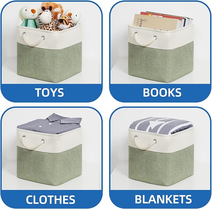 Temary Cube for Shelves 11 Inch Bin 4Pack Fabric Storage Baskets for Organizing Toys, Clothes, Decorative Baskets with Rope Handles (White&Green)