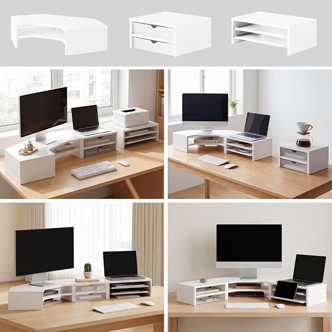 Fenge Dual Monitor Stand, Corner Desk Shelf with Drawer & Slide-Out Tray | Modular Design for Flexible Layouts, 2-Tier Storage Desktop Organizer for Computer, Laptop, Printer and Telephone