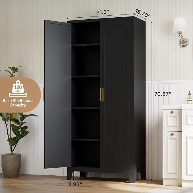 Zevemomo 71" Metal Pantry Cabinet, Tall Metal Storage Cabinet for Kitchen | Steel Cabinet with 2 Doors and 4 Adjustable Shelves, Freestanding Cupboard for Kitchen, Bathroom, Dinning Room or Laundry