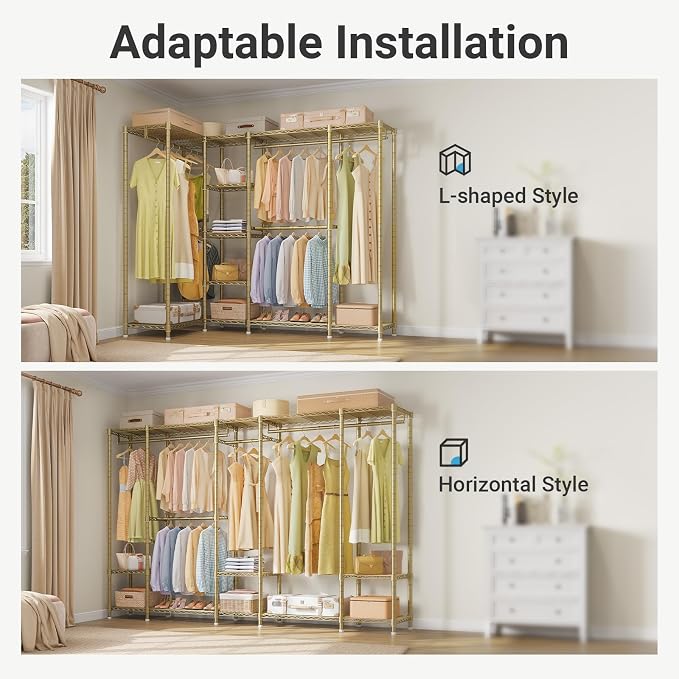 VIPEK V50 Modern Clothing Rack with Adjustable Shelves, Gold | Extra Large Freestanding Garment Rack with 1300 Lb Capacity, 10 Shelves & 4 Rods, Gold Finish, Dressing Room/Boutique Display